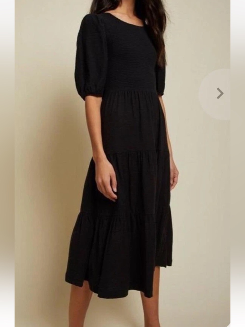 Nation LTD Florence Tiered Peasant Midi Dress Smocked Puff Sleeve Black Small